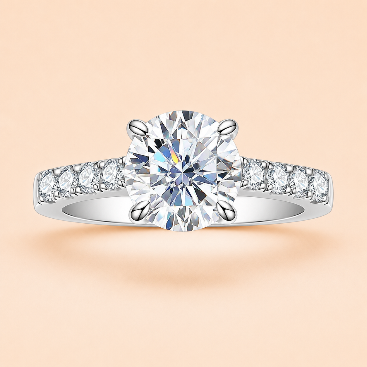 Front view of a 3 CT oval-cut moissanite engagement ring with a pavé sterling silver band