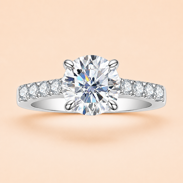 Front view of a 3 CT oval-cut moissanite engagement ring with a pavé sterling silver band
