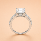 Front view of a 3 CT Asscher-cut moissanite engagement ring with a pavé sterling silver band