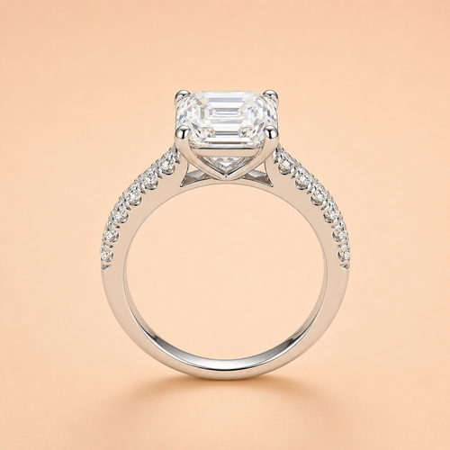 Front view of a 3 CT Asscher-cut moissanite engagement ring with a pavé sterling silver band