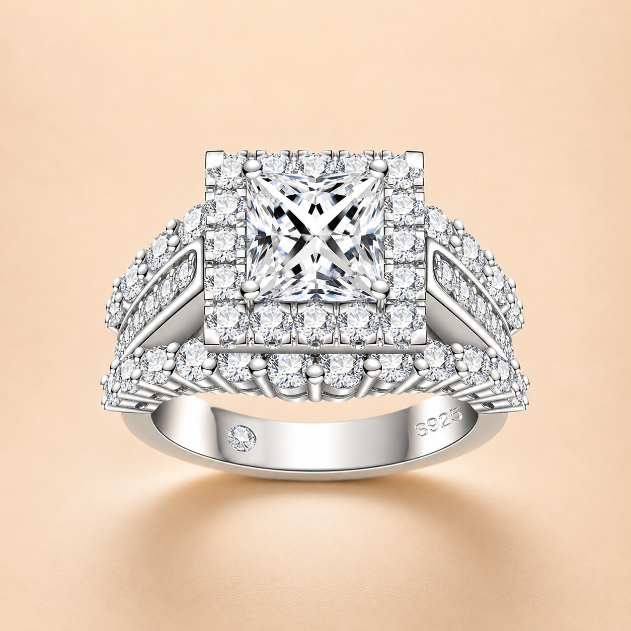Front view of a princess-cut moissanite halo ring in 925 sterling silver