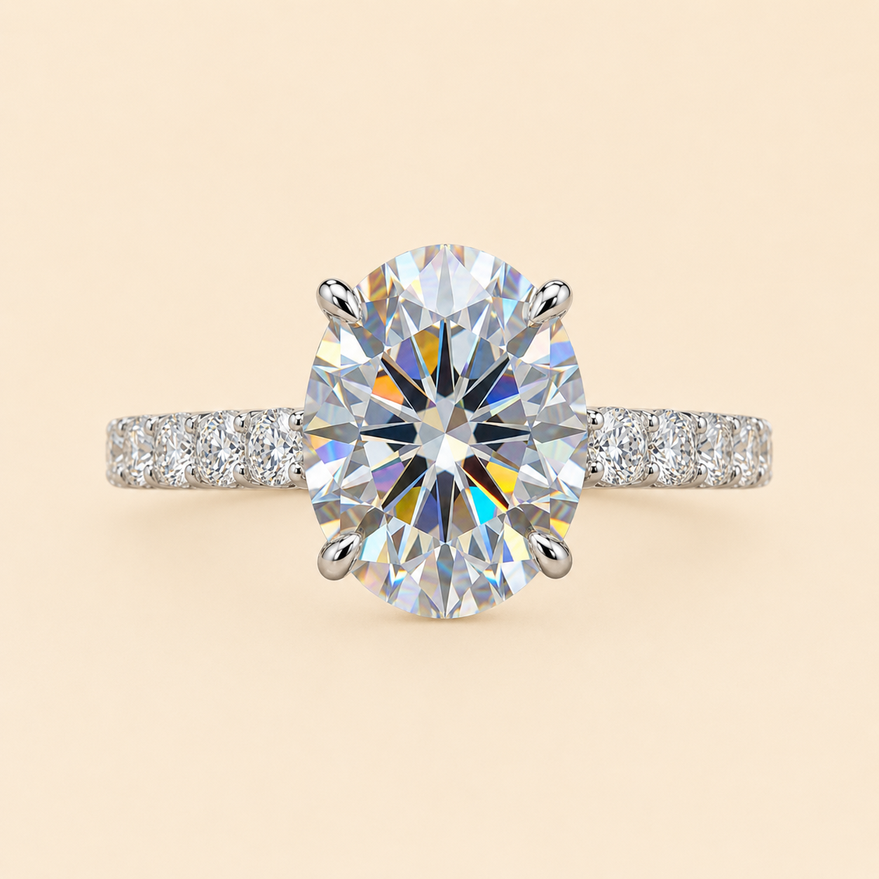 Front view of an oval-cut moissanite engagement ring with a silver band