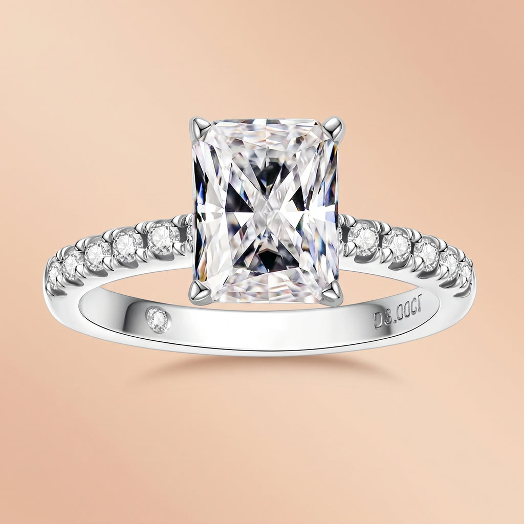 Radiant Cut Moissanite Engagement Ring Pavé Band (3CT)