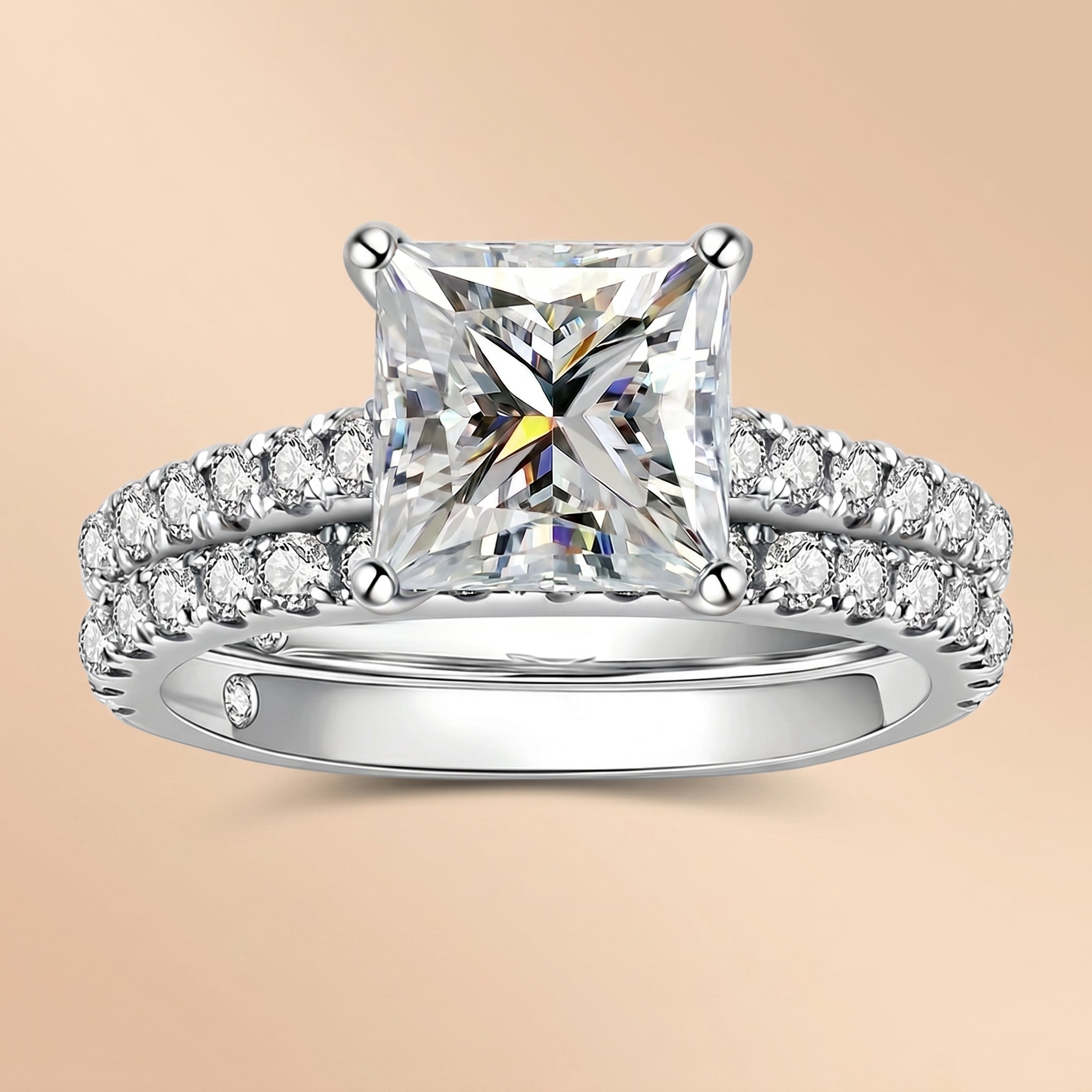Princess Cut Moissanite Engagement Ring Bridal Set (4 cttw)