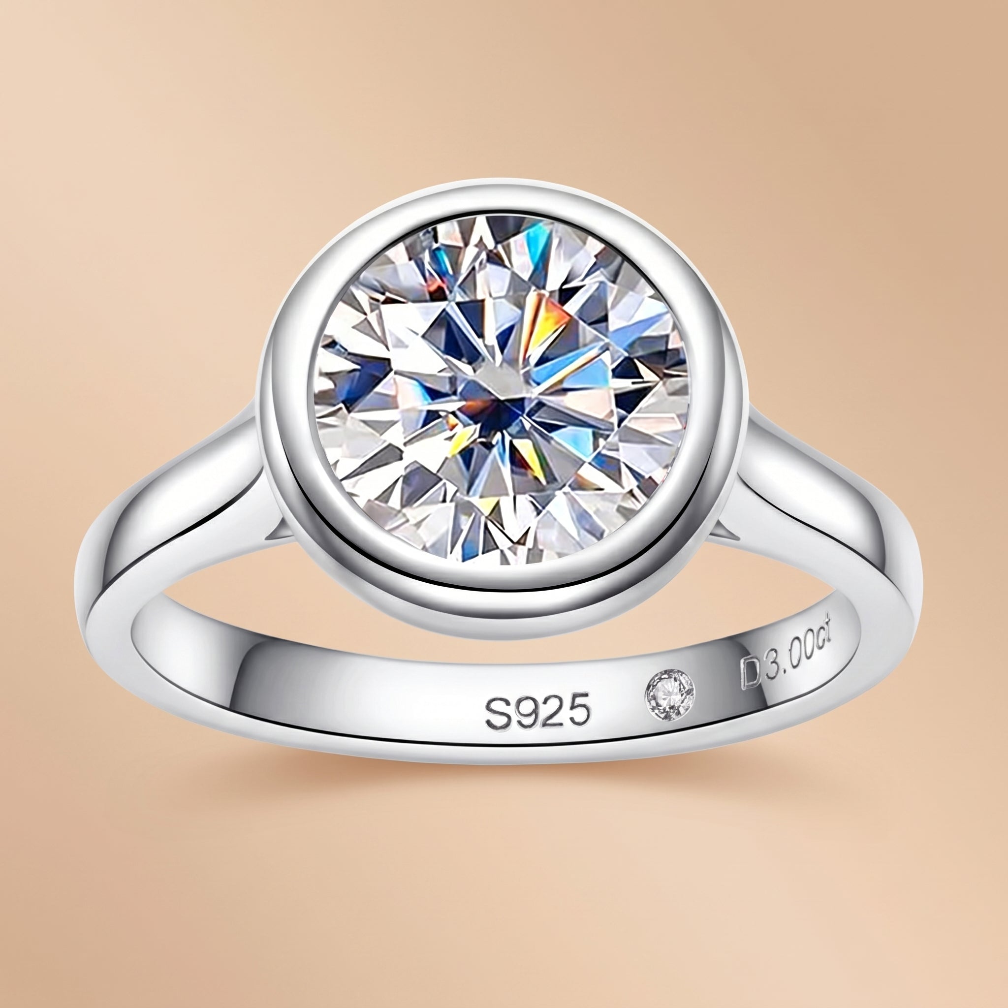 Sterling Silver Round Cut Bezel Moissanite Ring