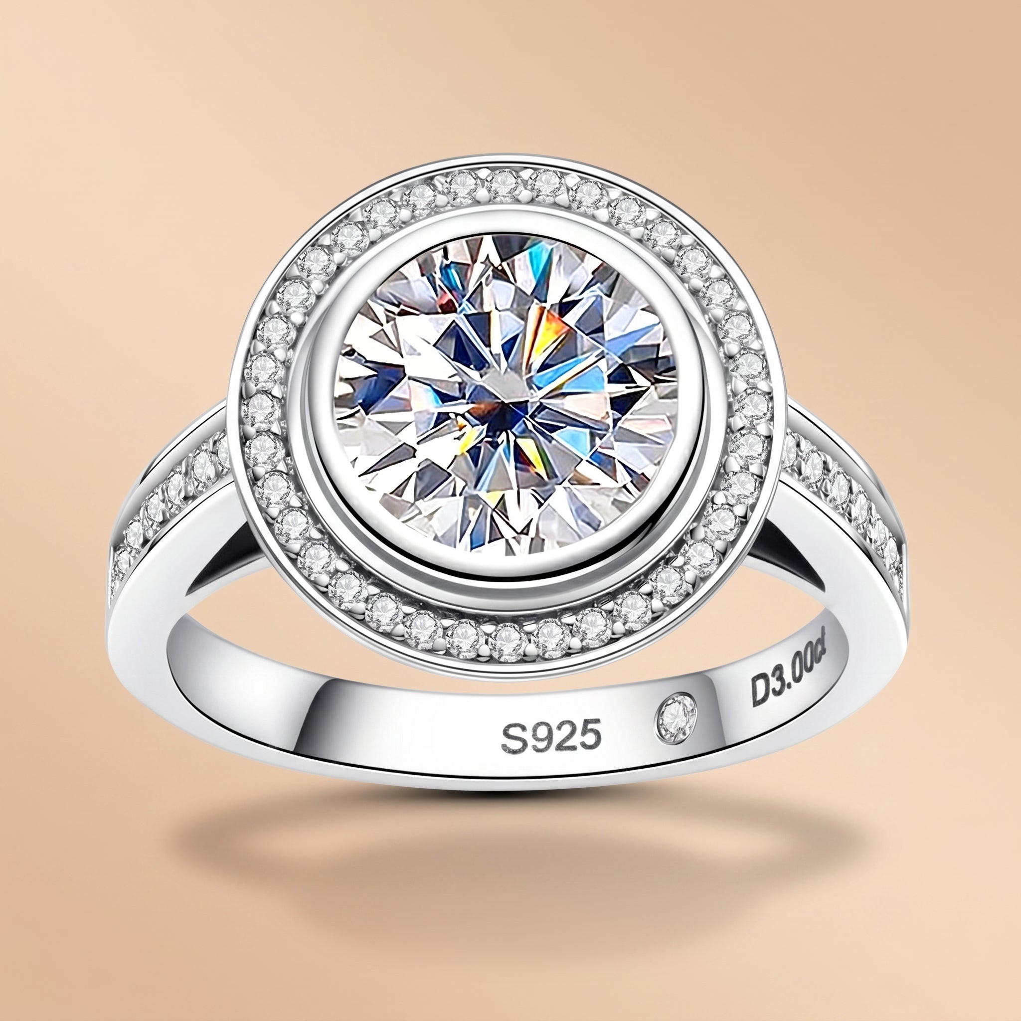 Round Cut Halo Moissanite Engagement Ring (3 ct)for Women