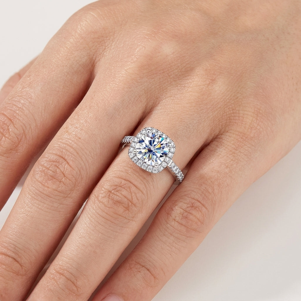Cushion Cut Halo Moissanite Engagement Ring 3.96CTTW