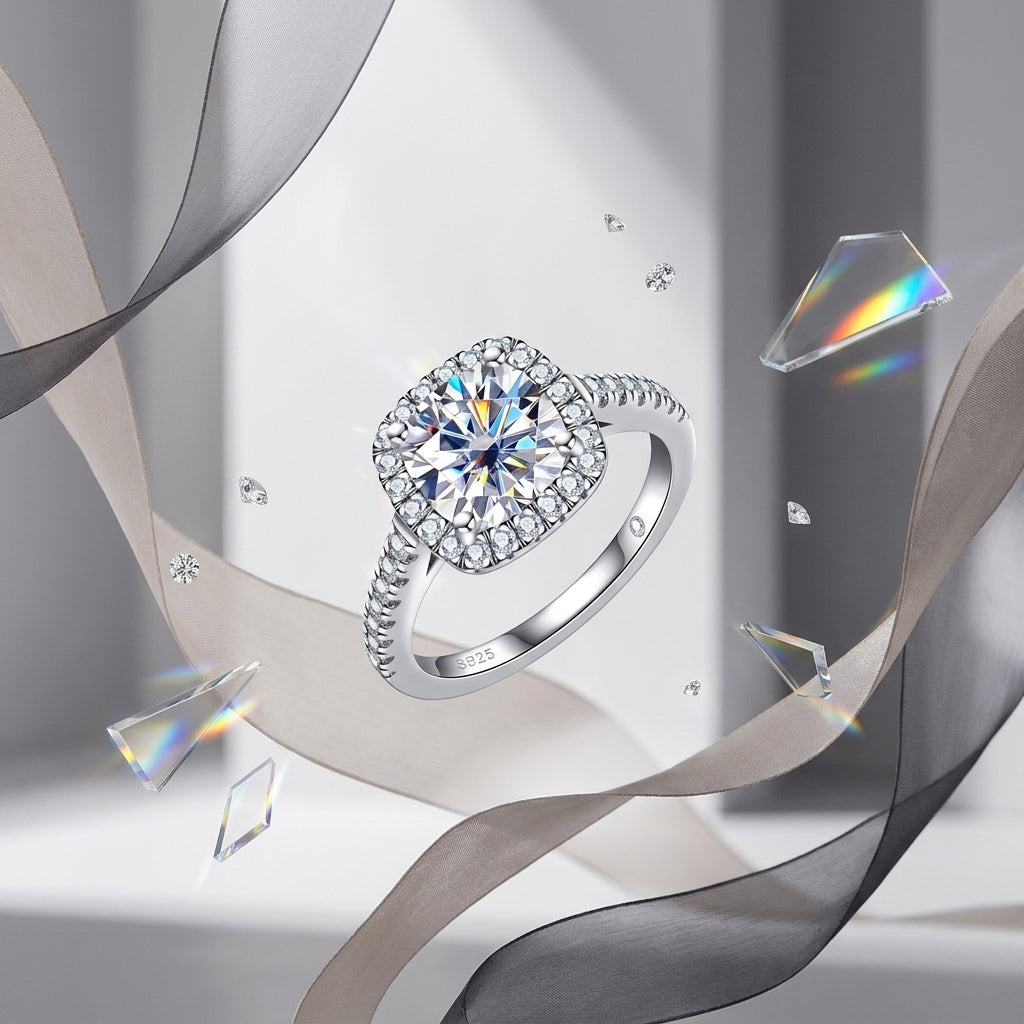 Cushion Cut Halo Moissanite Engagement Ring 3.96CTTW