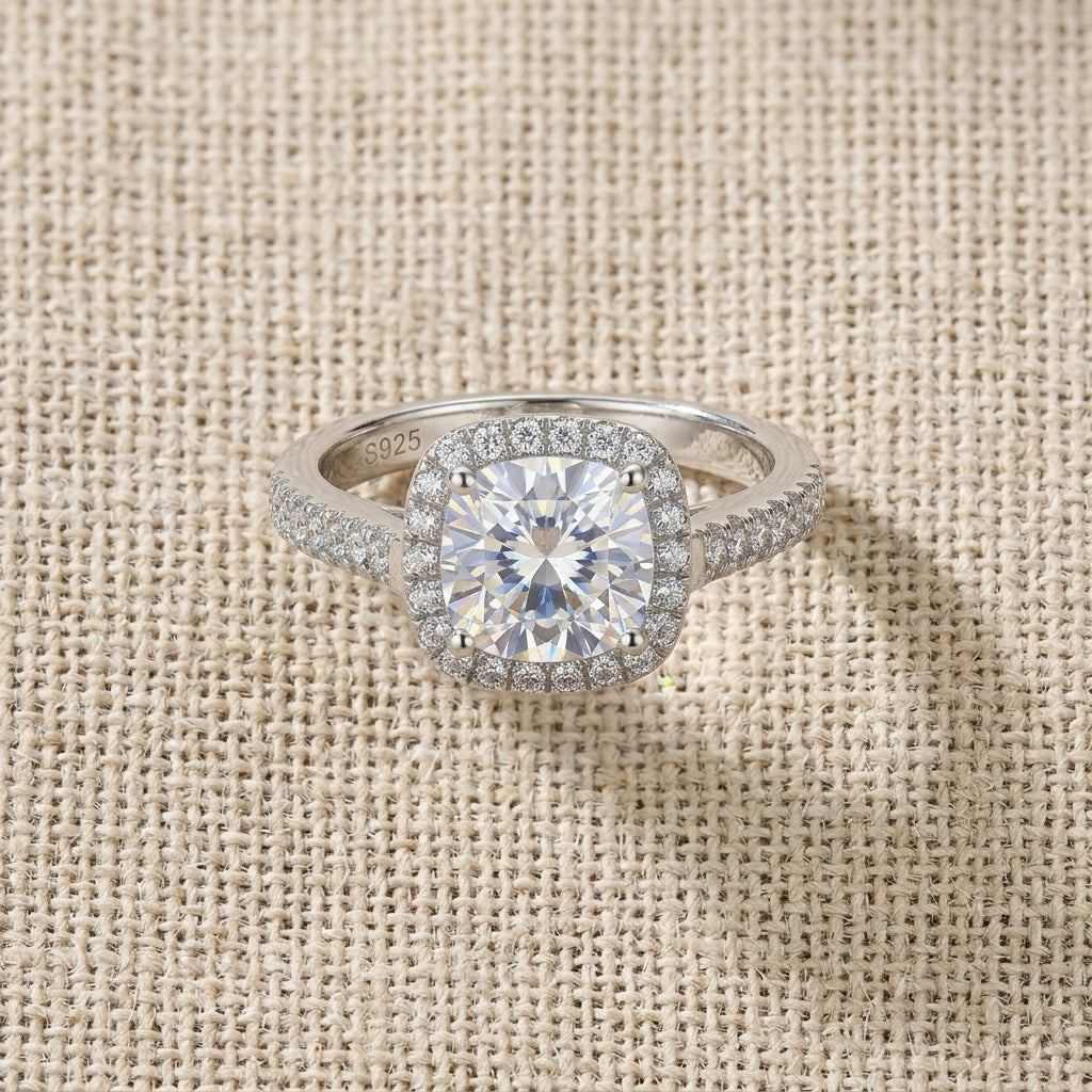 Cushion Cut Halo Moissanite Engagement Ring 3.96CTTW