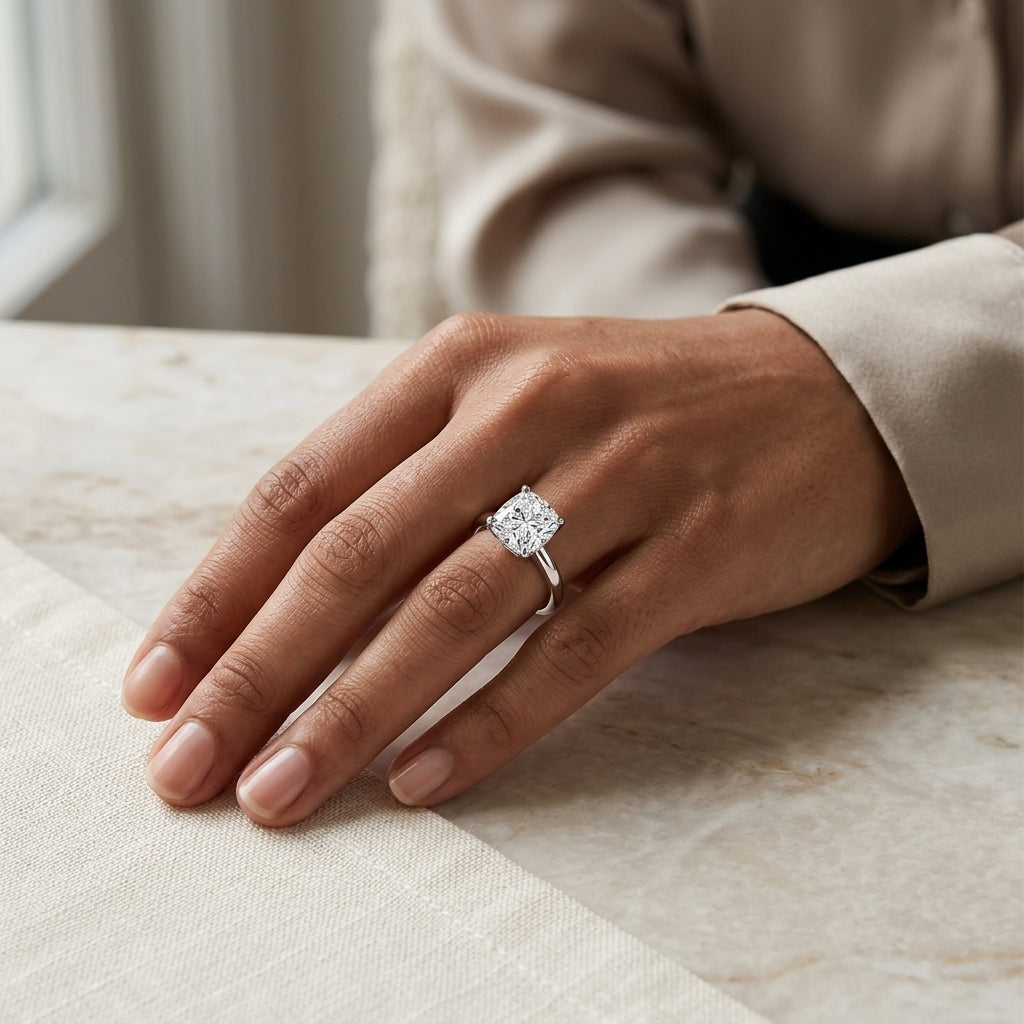 Woman wearing a 3.5 CT cushion-cut moissanite engagement ring on her hand.