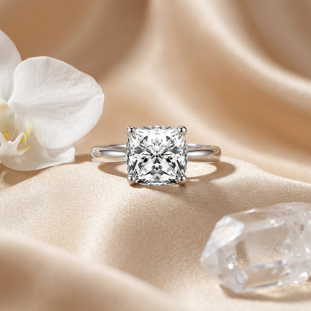 Cushion-cut moissanite engagement ring displayed on champagne satin with a white orchid.