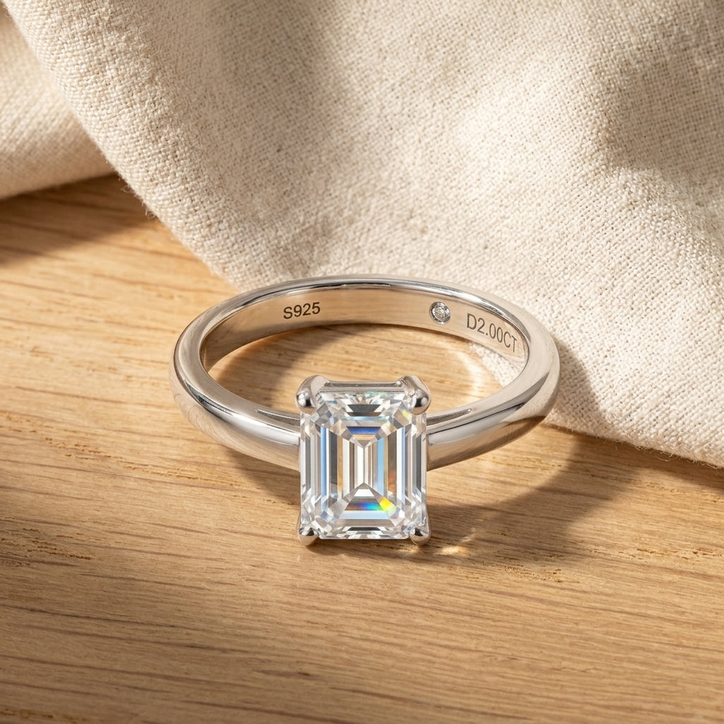Emerald Cut Moissanite Engagement Ring 2CT Silver