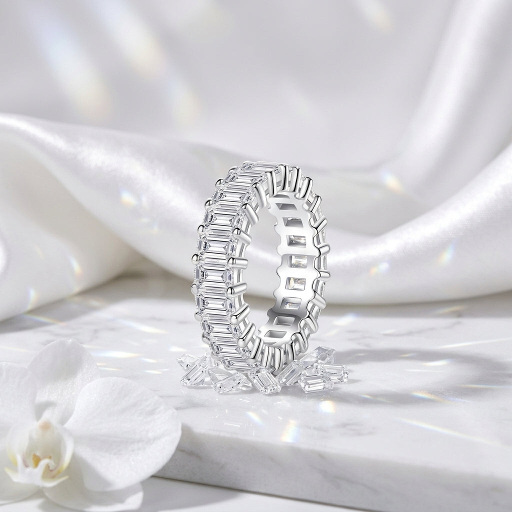 Emerald Cut Moissanite Wedding Band 8.1 cttw 925 Sterling Silver
model 3