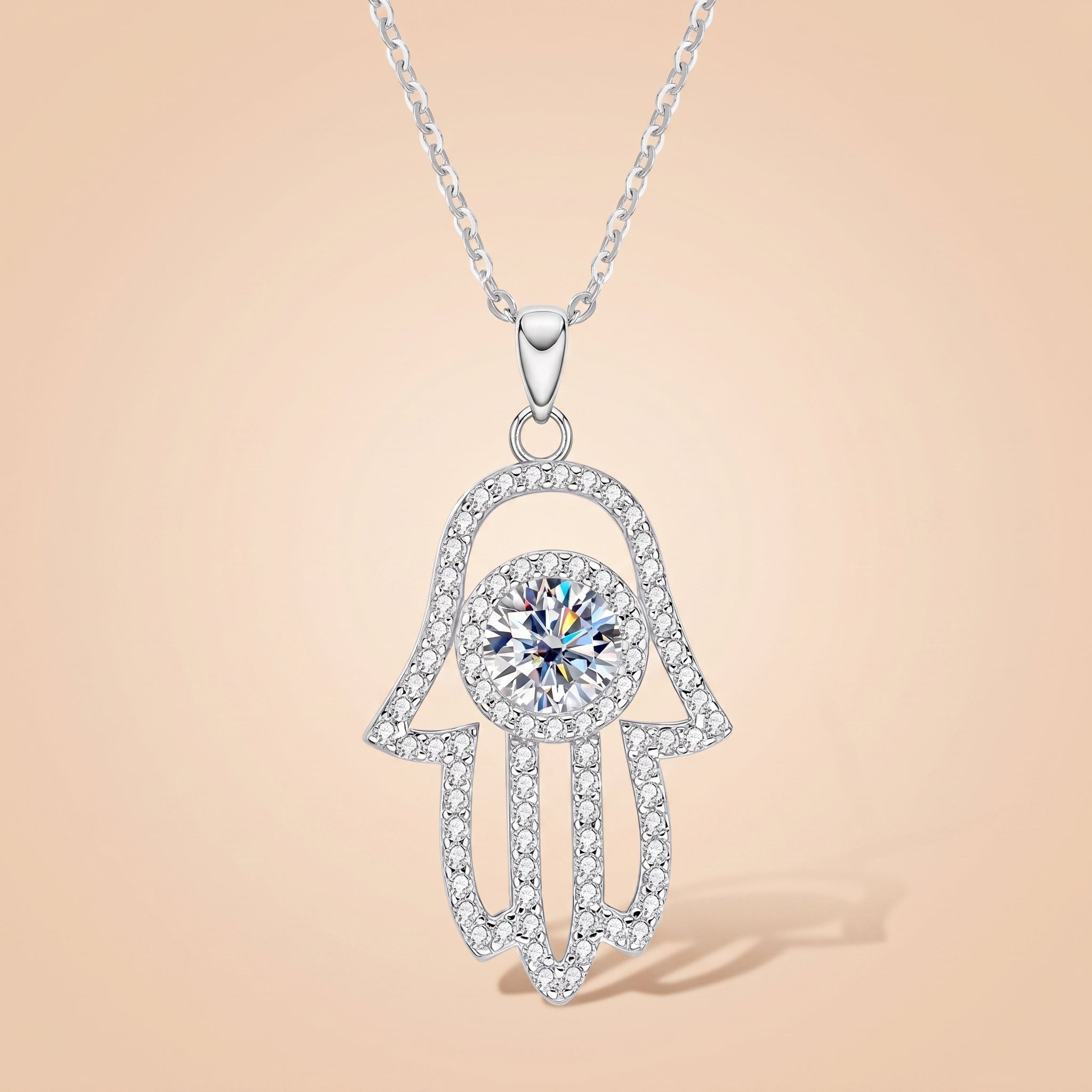 Moissanite Hamsa Hand of Fatima Pendant Necklace for Women