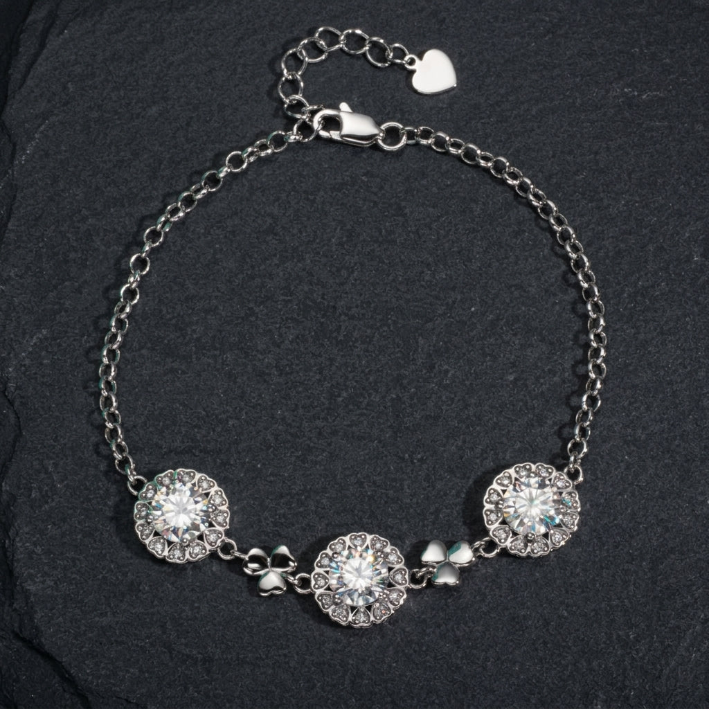 Moissanite Love Heart Sterling Silver Adjustable Bracelet