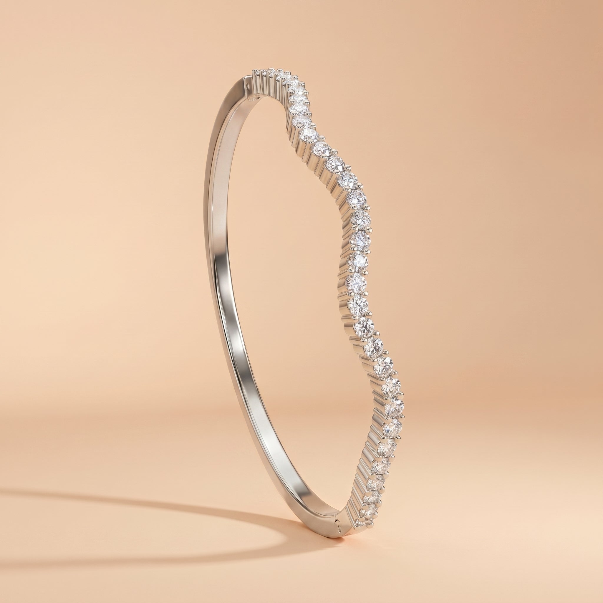 Montore D Color VVS1 Moissanite Wave Shape Bangle Bracelet featuring brilliant round-cut moissanite stones in an elegant wave design.