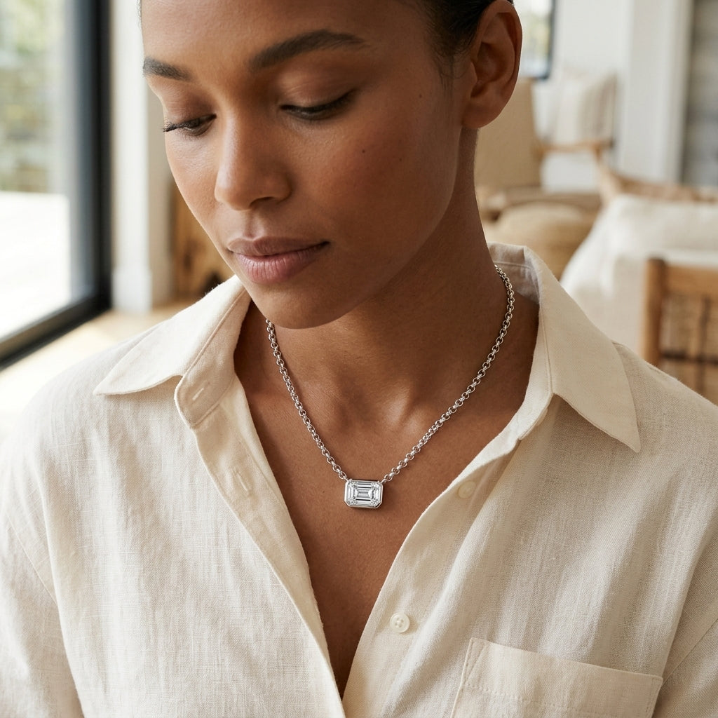 Montore 1 CT  Emerald Cut Moissanite Pendant Necklace for Women