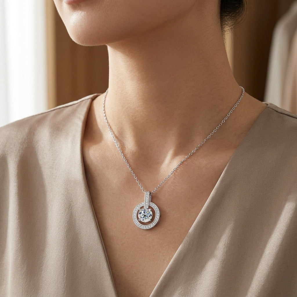 Montore 3 CT D Color Moissanite Halo Pendant Necklace