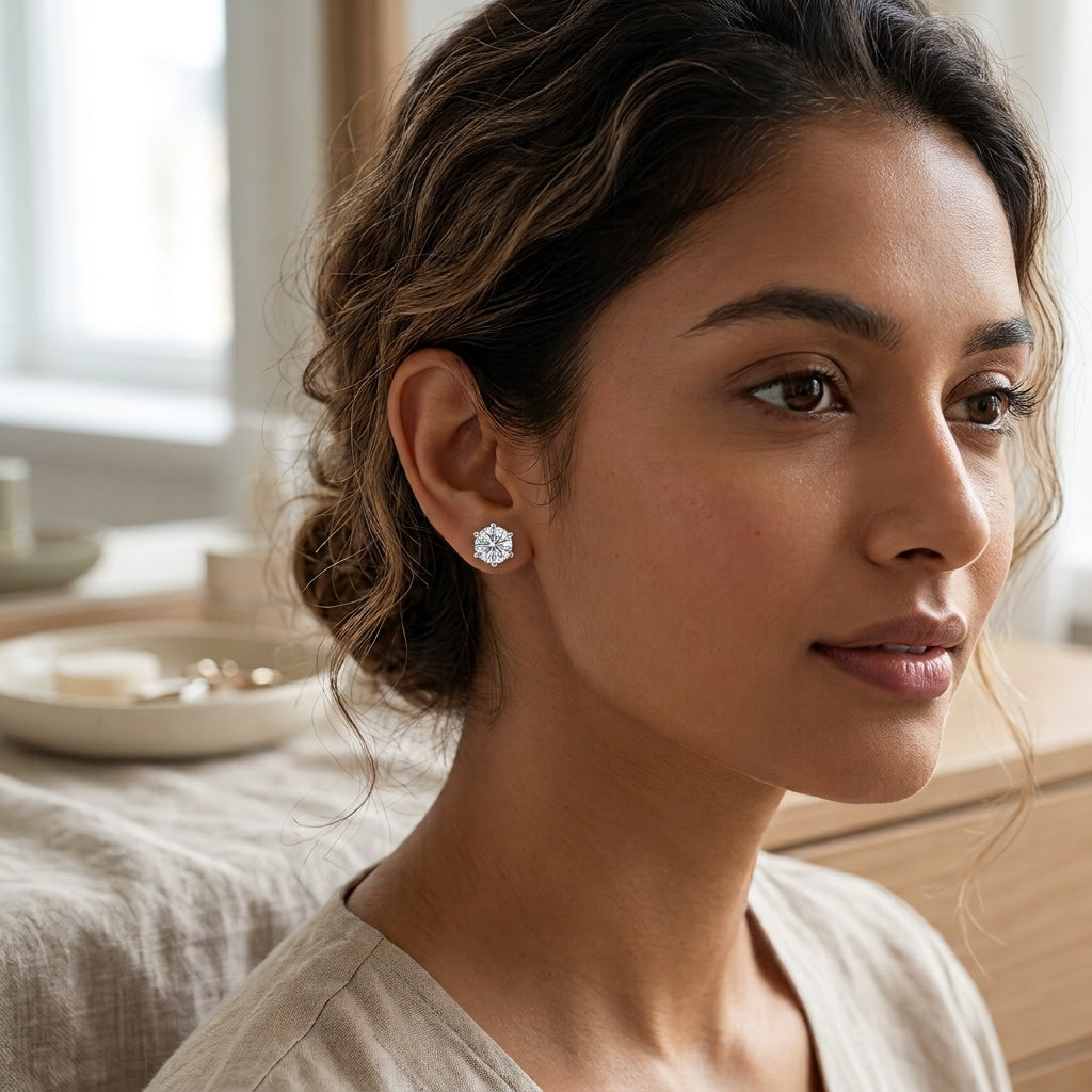 Woman styling Montore round moissanite stud earrings for everyday wear