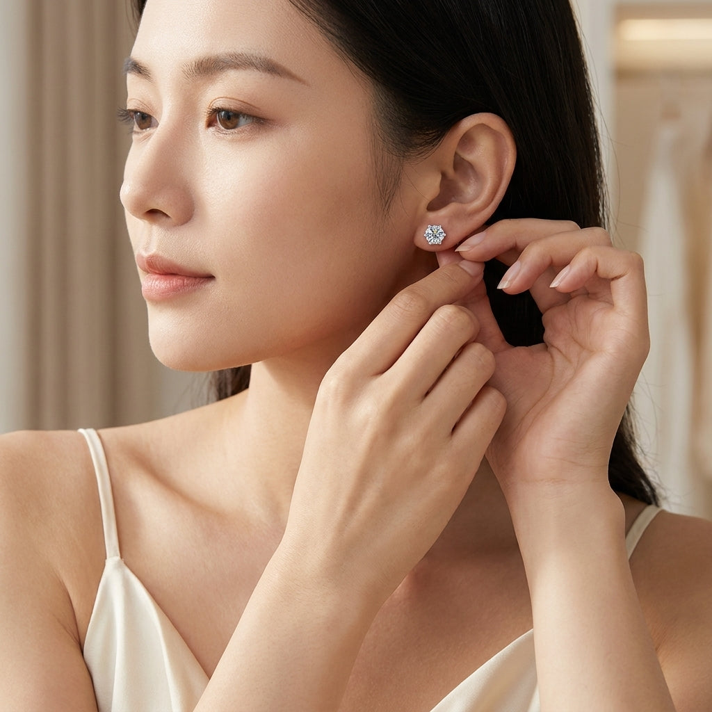 Woman putting on a round moissanite stud earring in a bright indoor setting