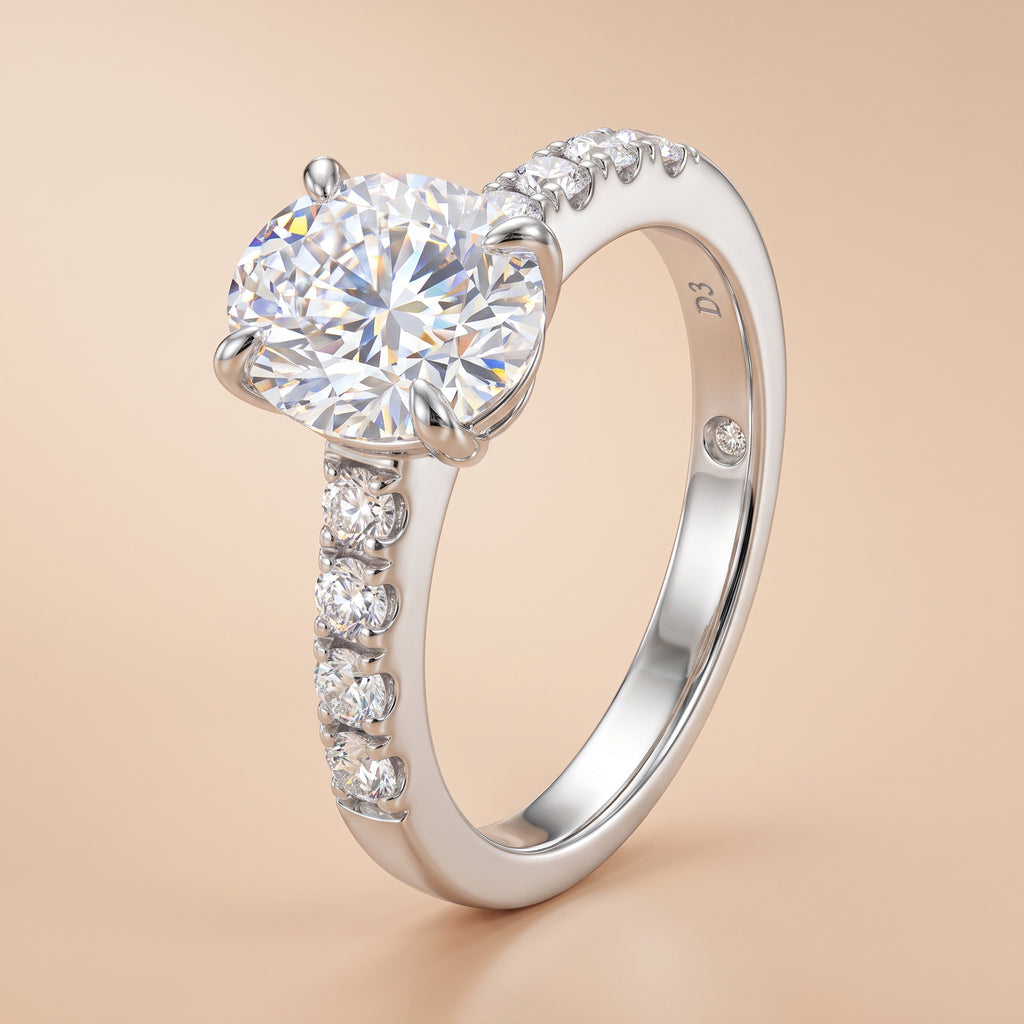 3 CT oval-cut moissanite engagement ring with pavé sterling silver band on a beige background.