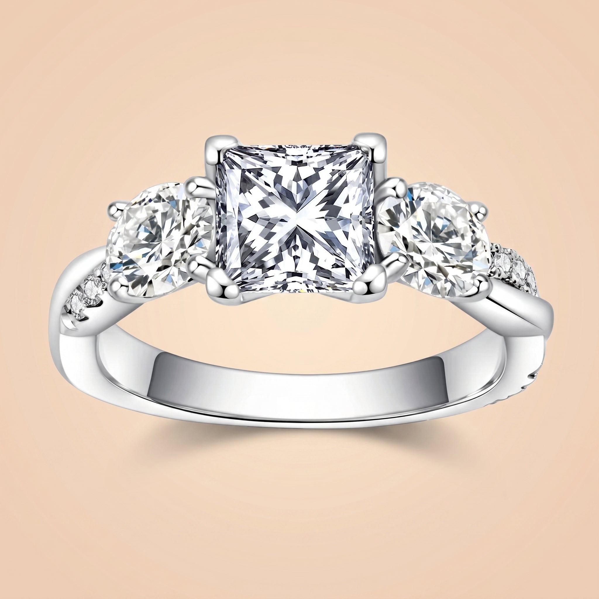 2.5 CTTW Princess Cut Three Stone Moissanite Engagement Ring