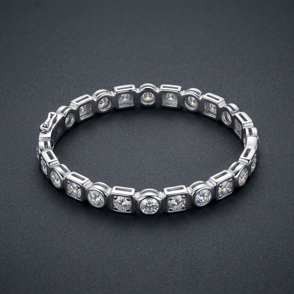 Round Cut Moissanite Silver Tennis Bracelet ( 11.1–13.8 CTTW ) Adjustable Fit