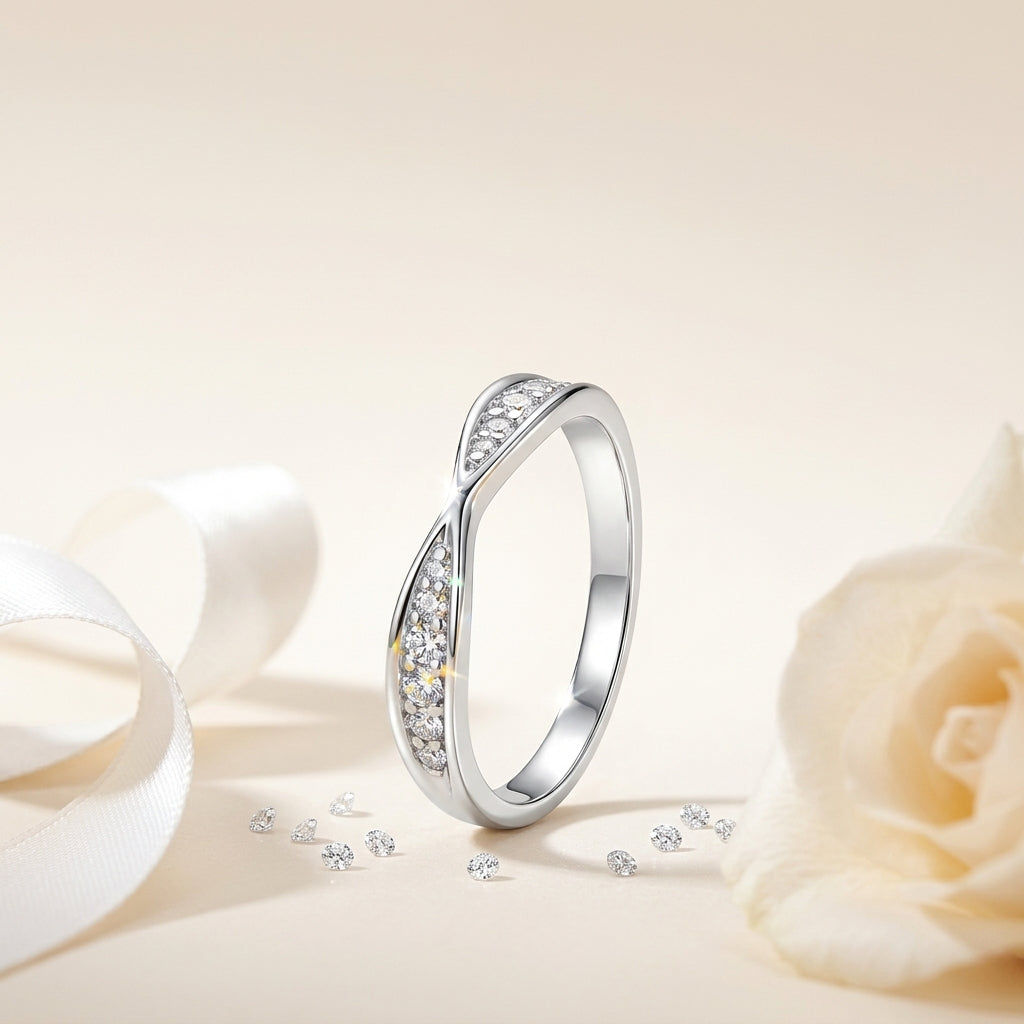 Round Cut Moissanite Bow Wedding Band 925 Sterling Silver model 4