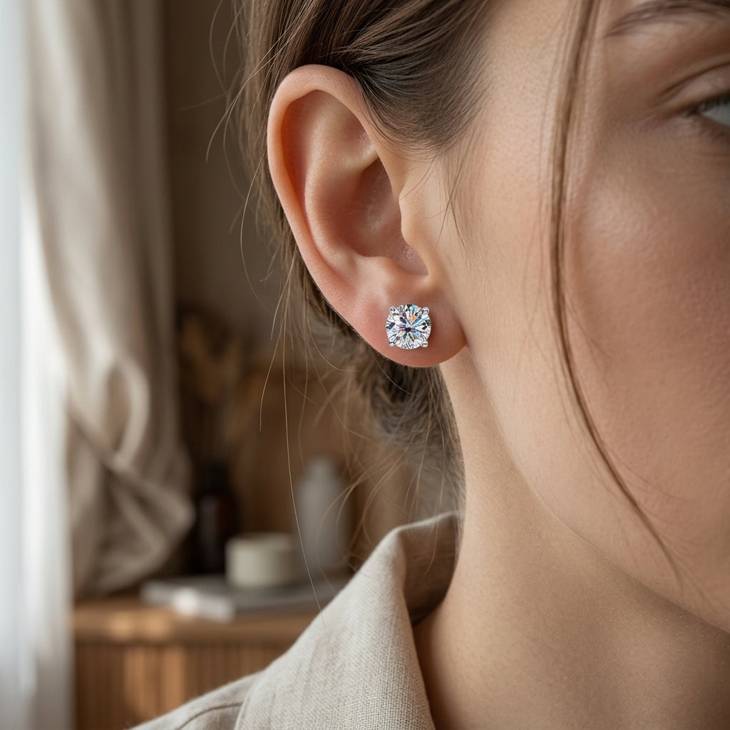 Close-up of a round-cut moissanite stud earring worn for everyday style