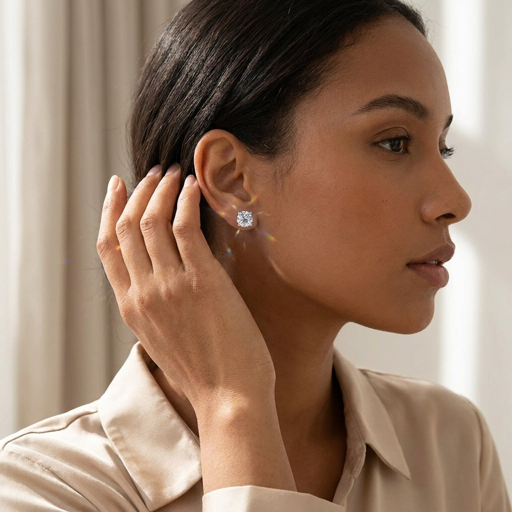 Woman touching a sparkling round moissanite stud earring in natural light