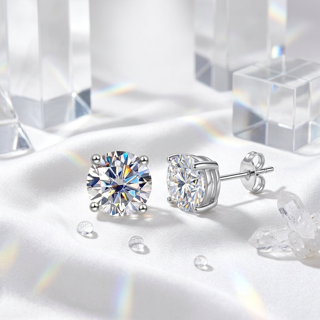 Pair of round moissanite stud earrings displayed on white satin with crystal accents