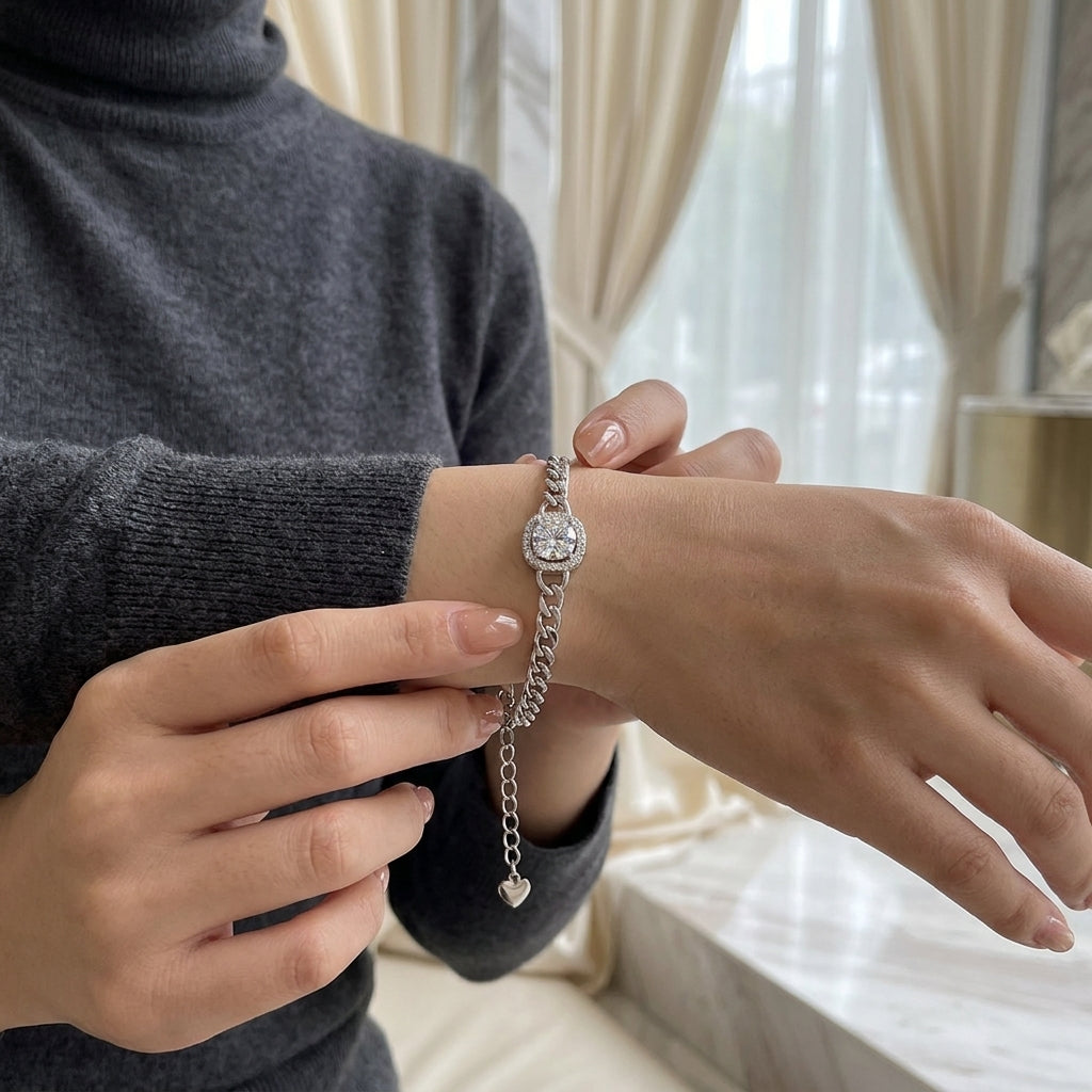 Round Cut Moissanite Silver Adjustable Bracelet for Women