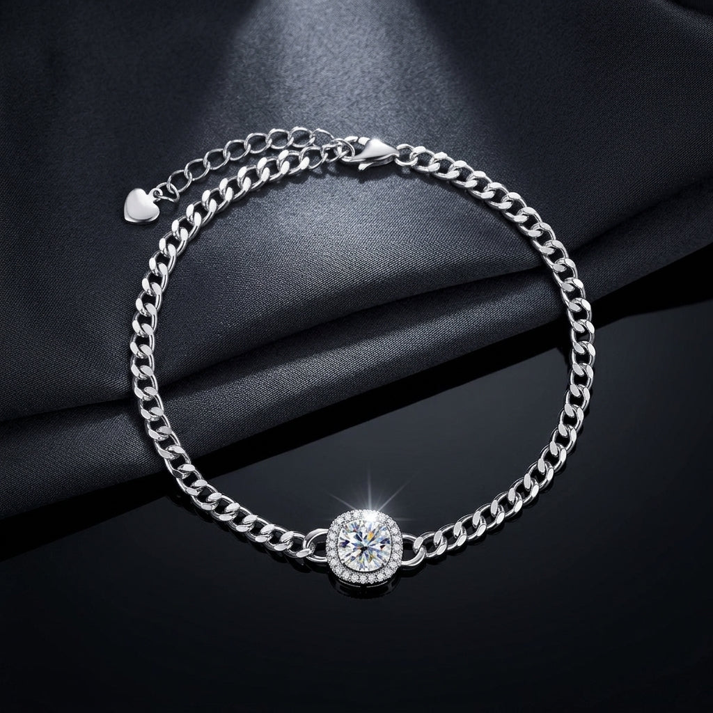 Round Cut Moissanite Silver Adjustable Bracelet for Women
