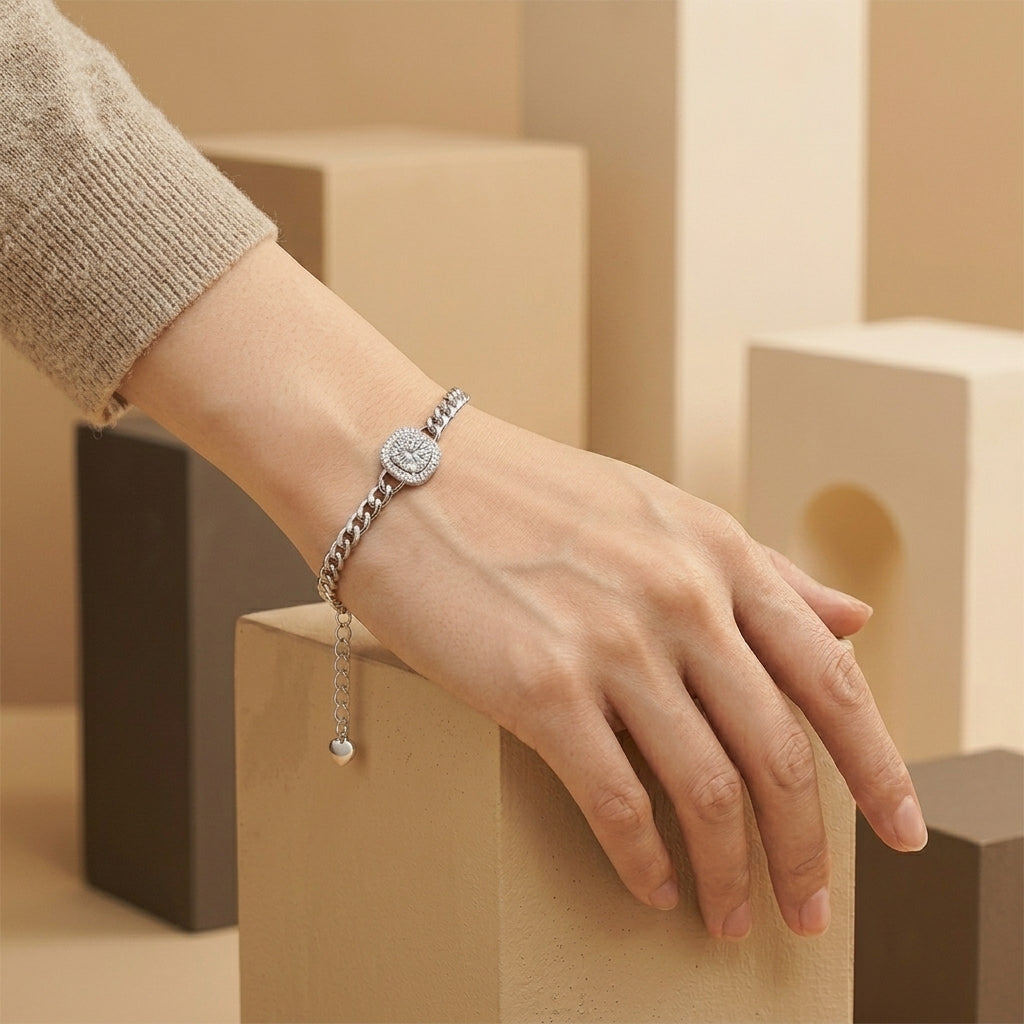 Round Cut Moissanite Silver Adjustable Bracelet for Women
