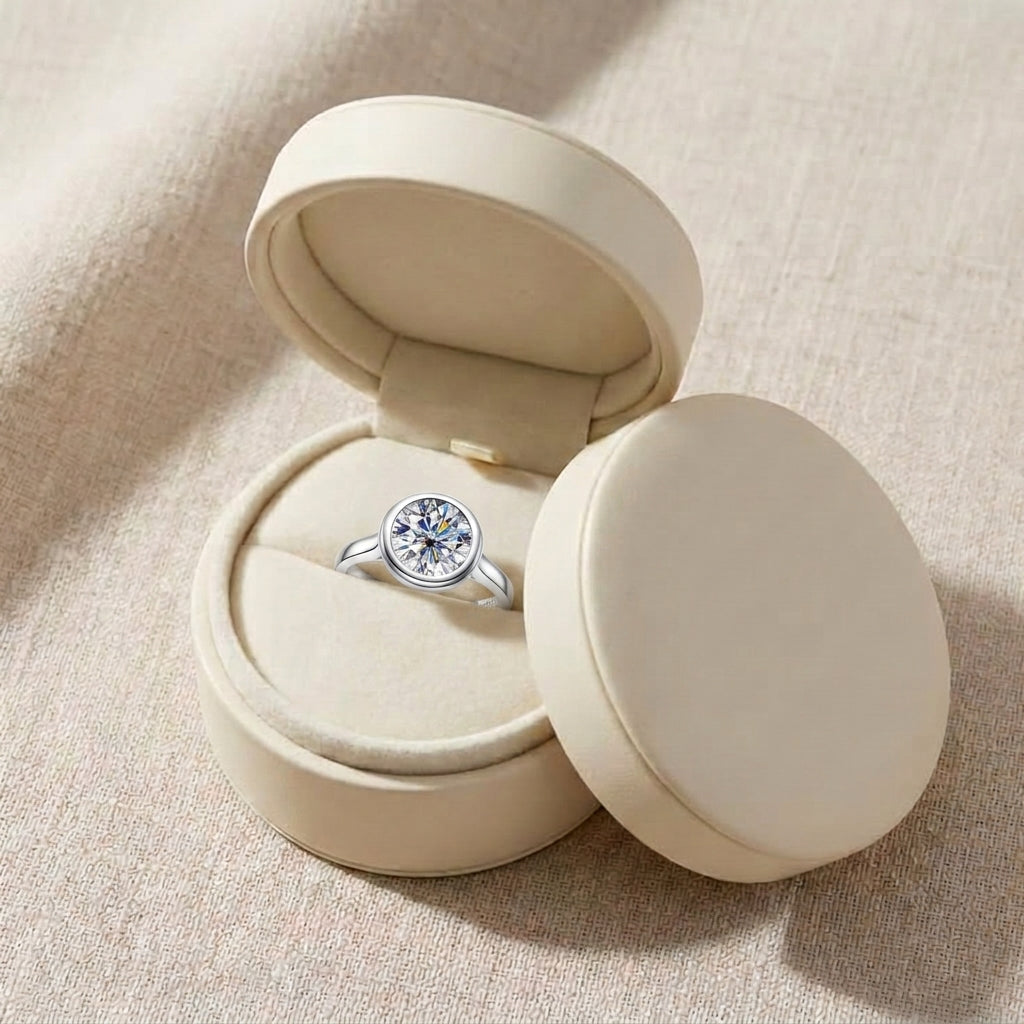Sterling Silver Round Cut Bezel Moissanite Ring