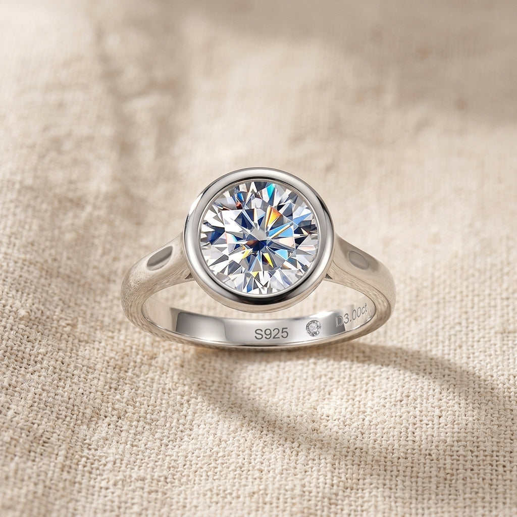 Sterling Silver Round Cut Bezel Moissanite Ring