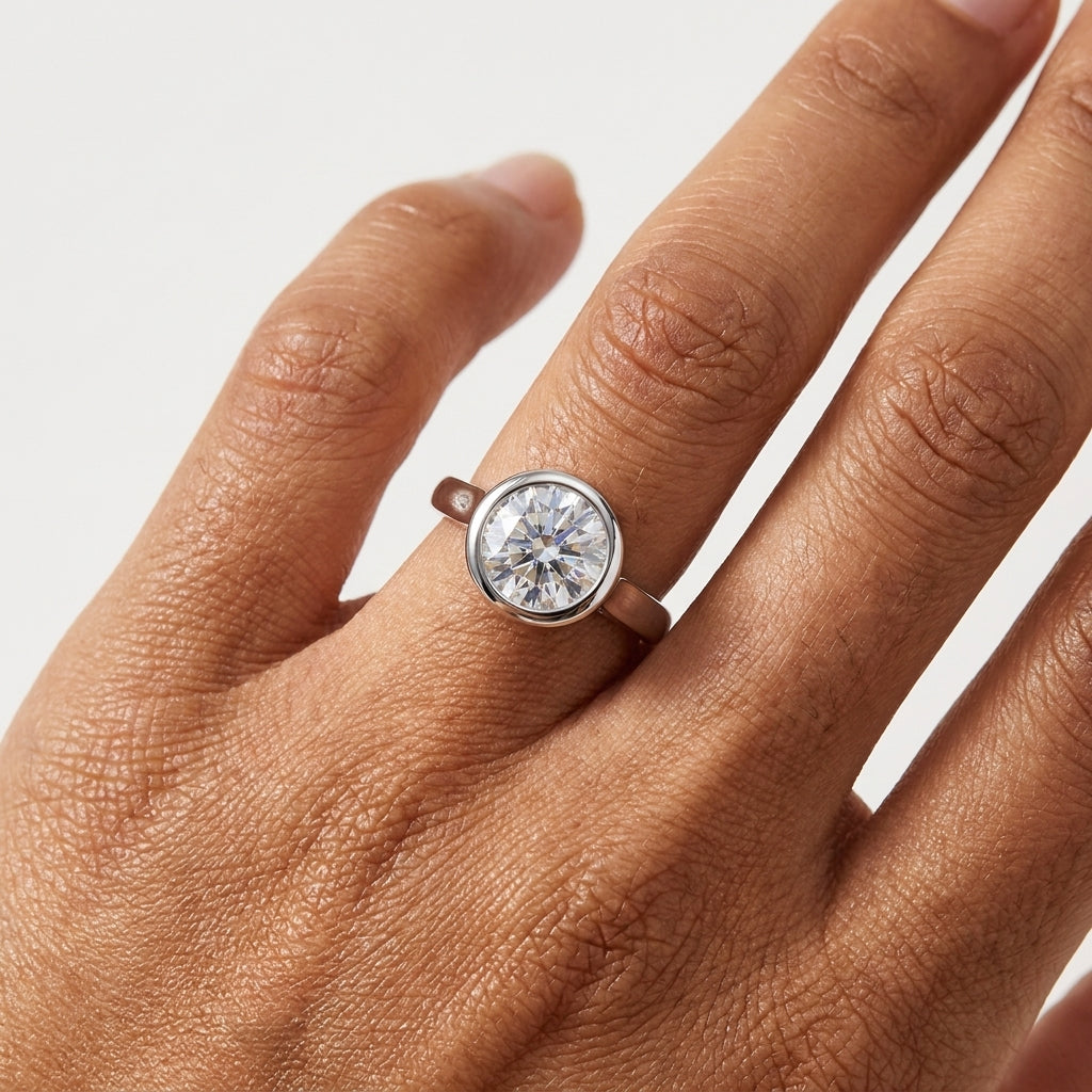 Sterling Silver Round Cut Bezel Moissanite Ring