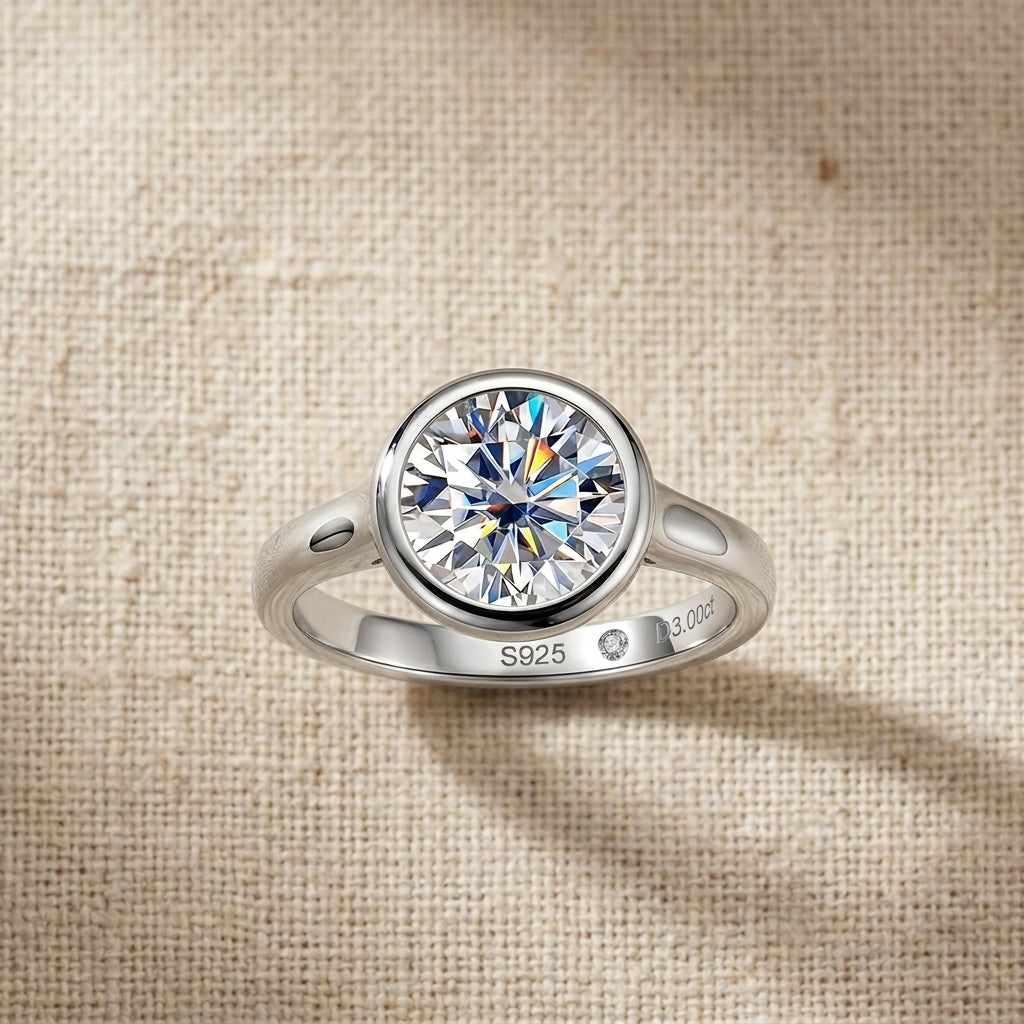 Sterling Silver Round Cut Bezel Moissanite Ring