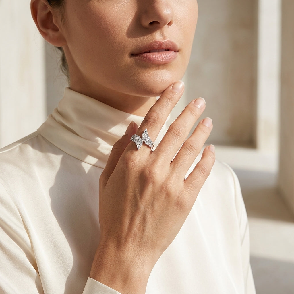 VVS1 D Color Moissanite Angel Wings Wedding Band in sterling silver featuring brilliant round-cut moissanite stones for women.