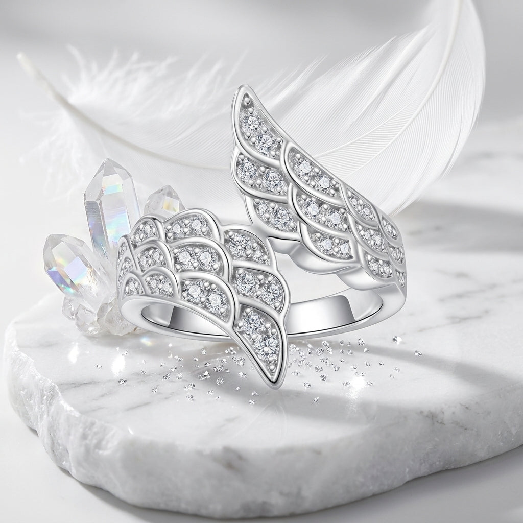 VVS1 D Color Moissanite Angel Wings Wedding Band in sterling silver featuring brilliant round-cut moissanite stones for women.