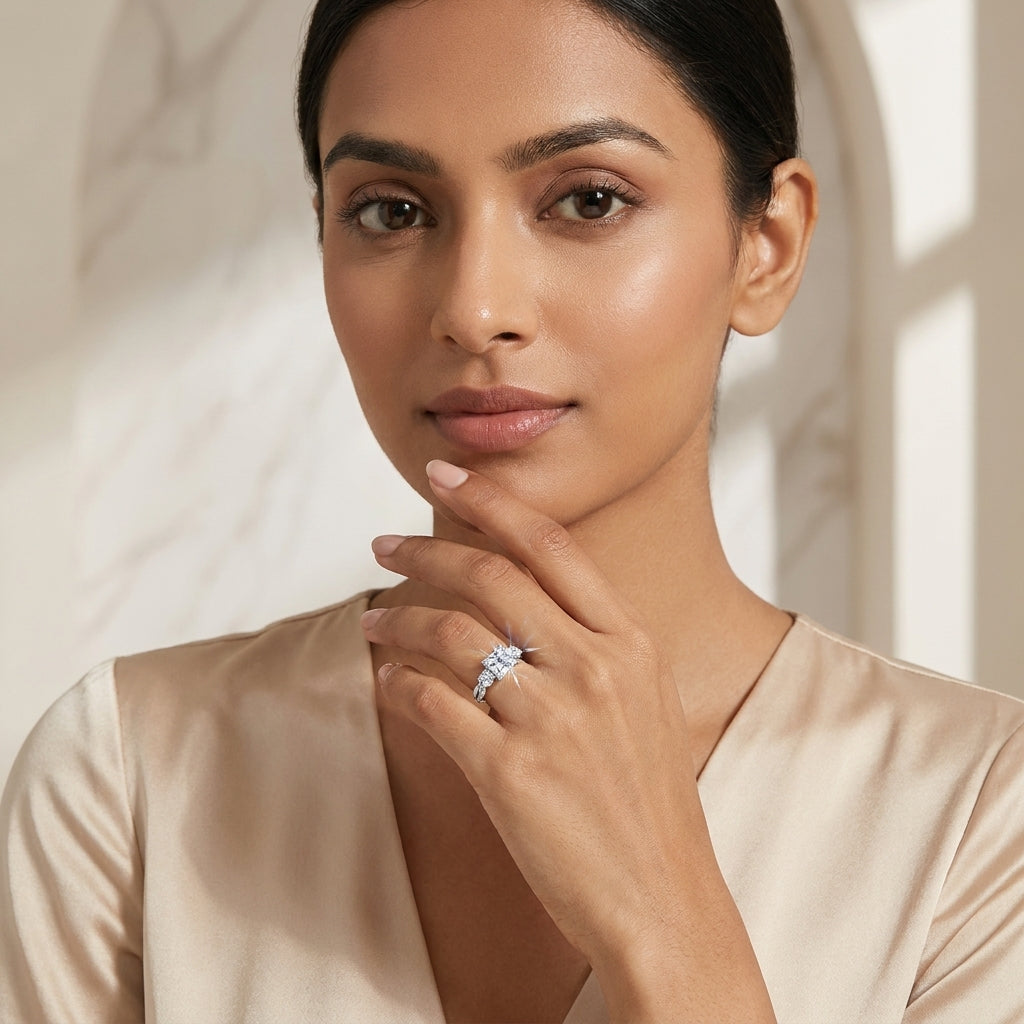 Woman styling a three-stone princess-cut moissanite engagement ring