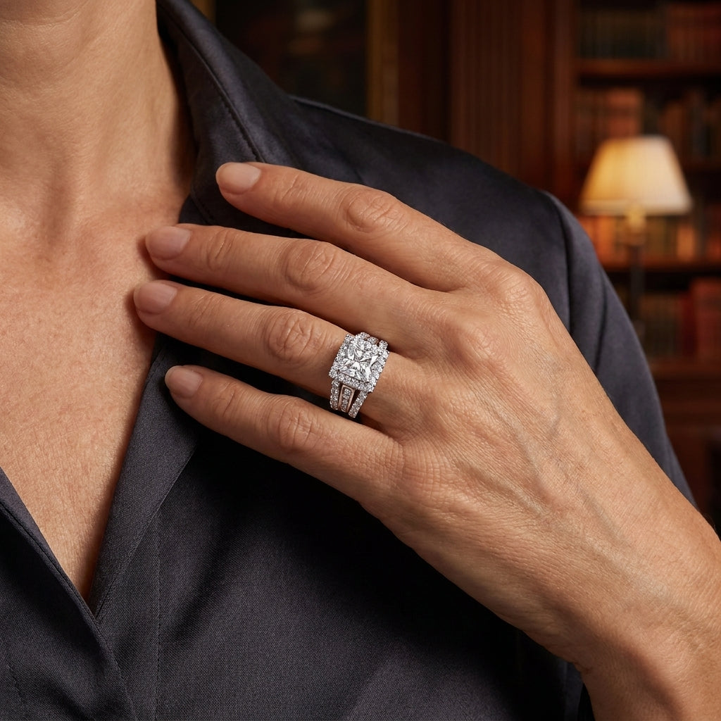 Woman styling a princess-cut moissanite halo ring with a dark blouse