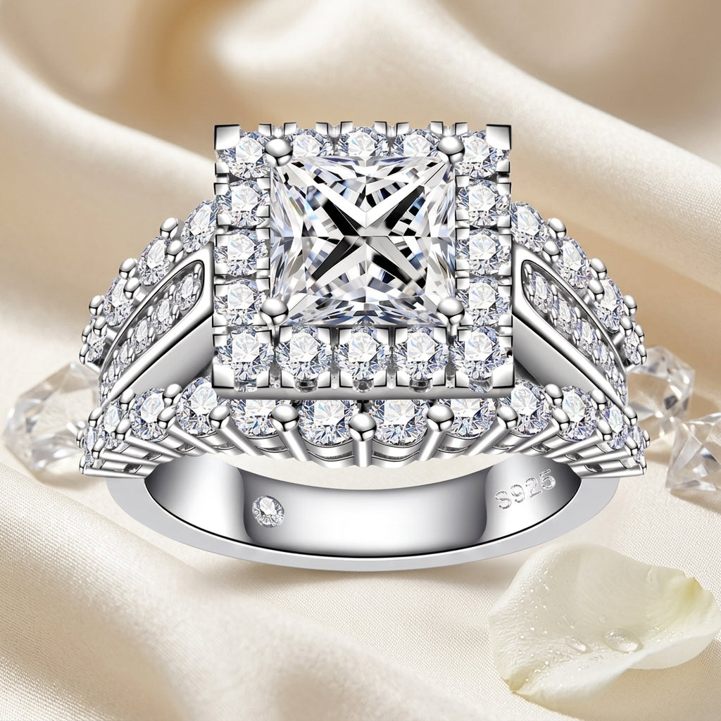 Princess-cut moissanite halo ring displayed on cream satin with crystal accents