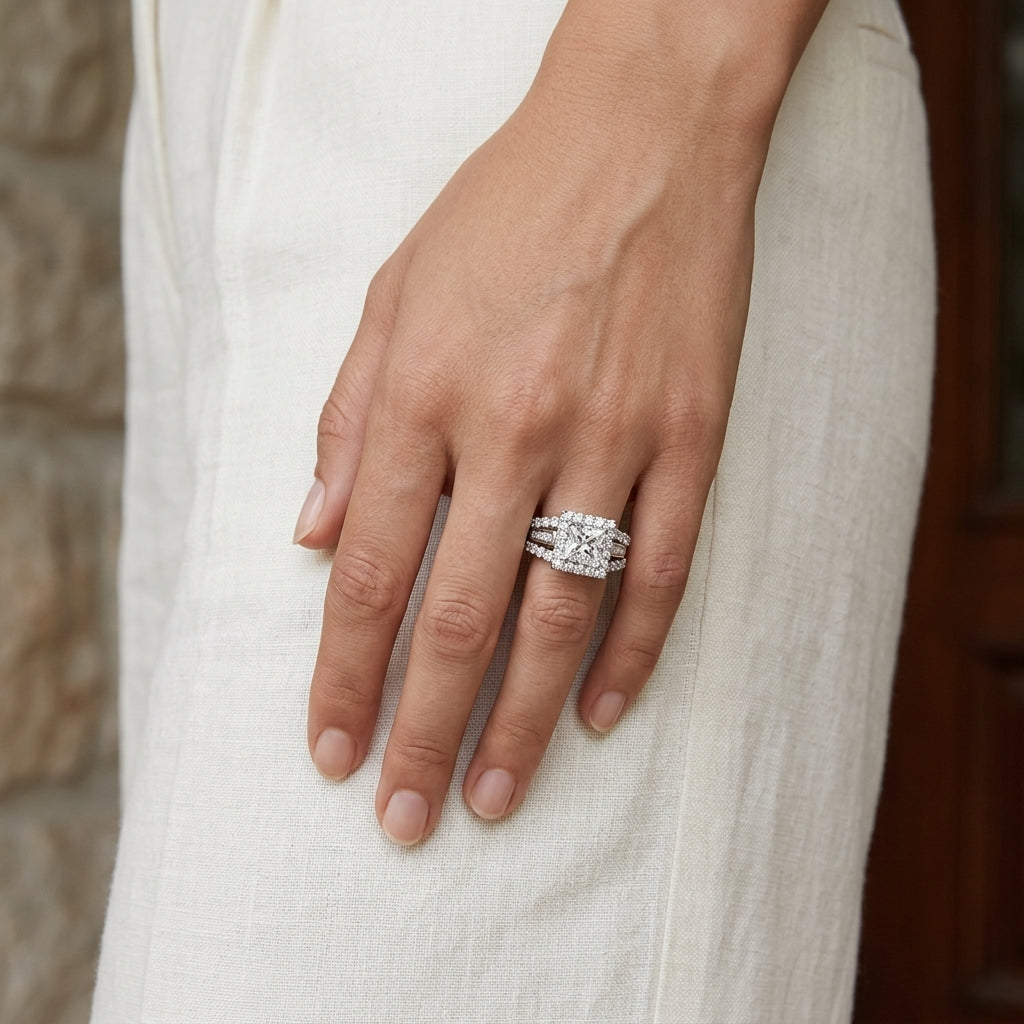 Woman wearing a princess-cut moissanite halo ring with a white dress