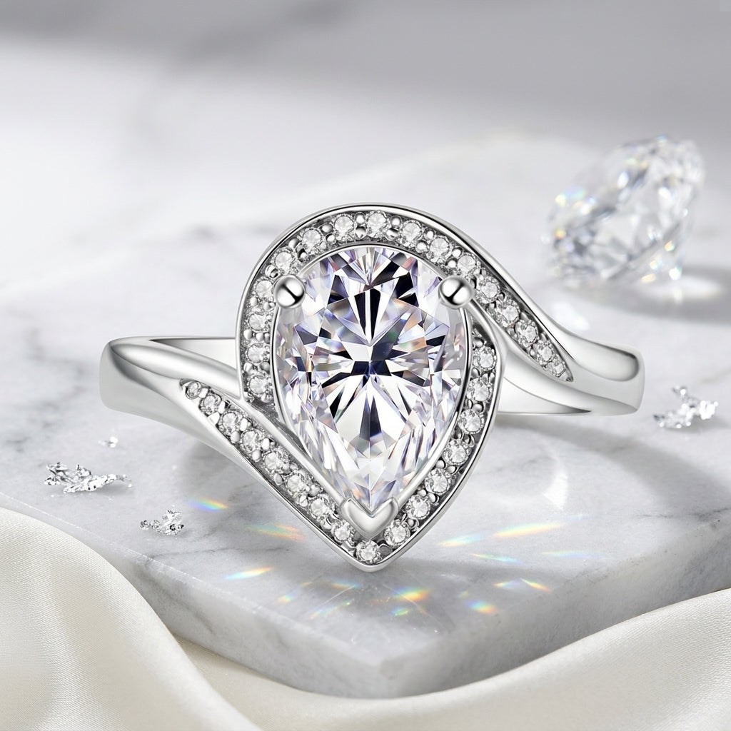 Pear Cut Halo Moissanite Engagement Ring (2.5 ct) for Women