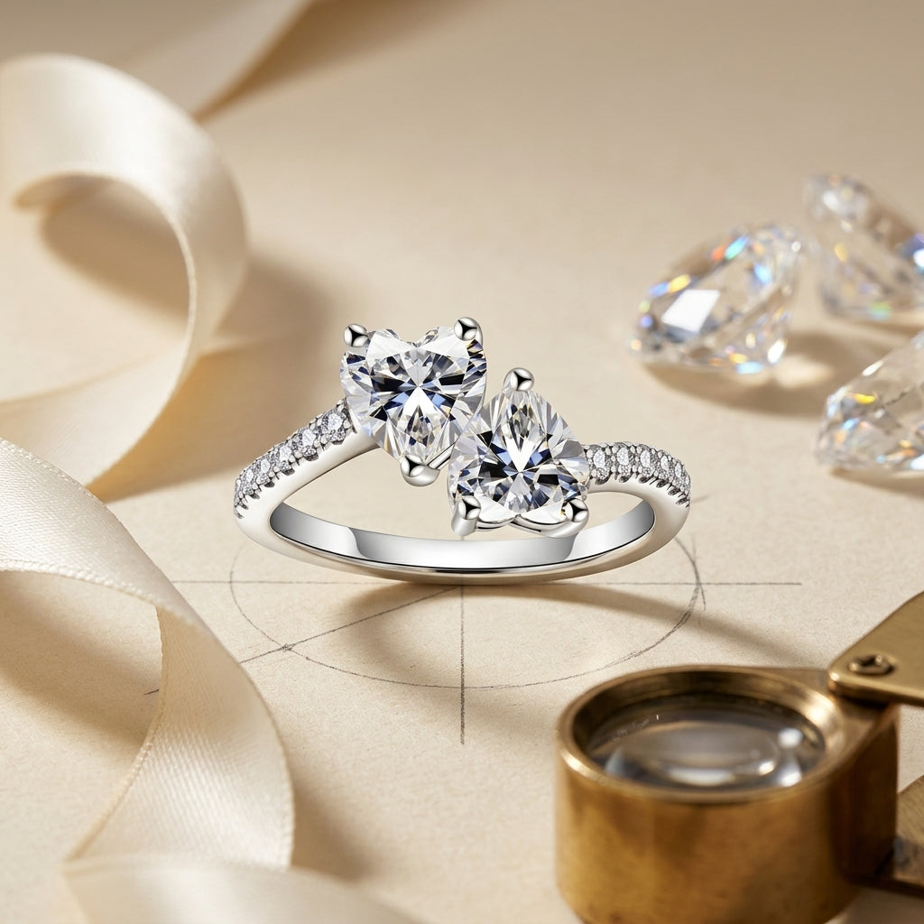 Round and pear-cut moissanite two-stone ring displayed with satin ribbon and a jeweler’s loupe