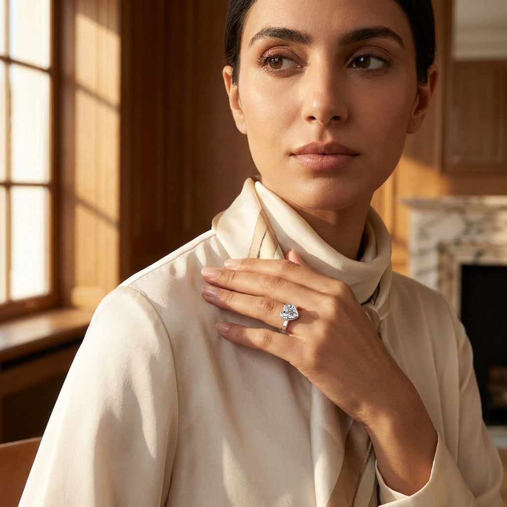Woman wearing a heart-cut moissanite bezel engagement ring with an elegant cream outfit