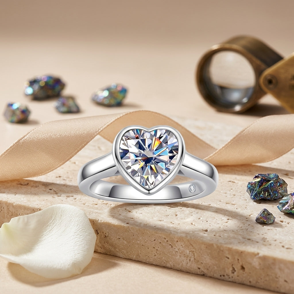 Heart-cut moissanite bezel ring displayed on stone with satin ribbon and crystal accents