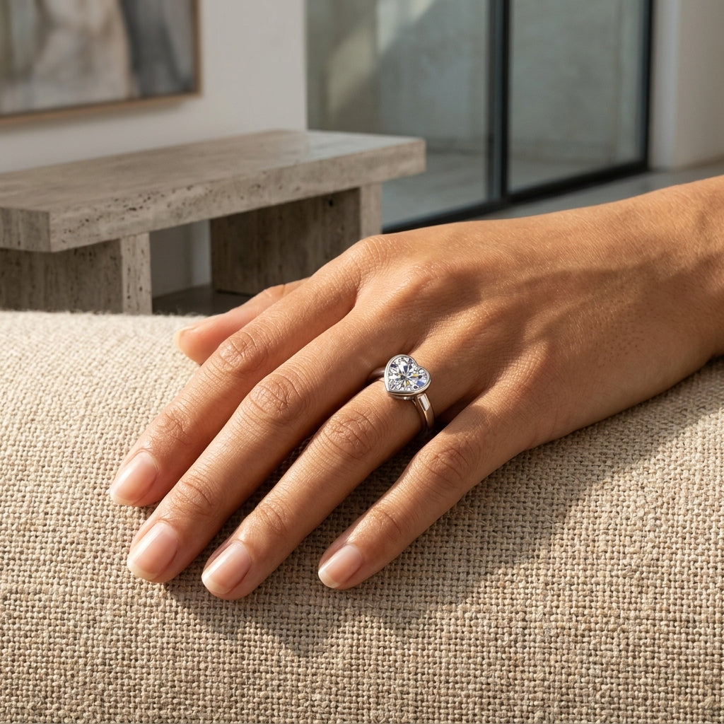 Woman wearing a 3 CT heart-cut moissanite ring on neutral linen fabric