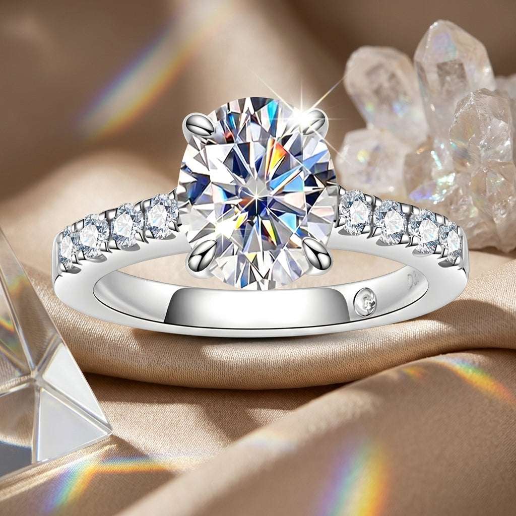 Oval-cut moissanite engagement ring displayed on champagne satin with crystal accents